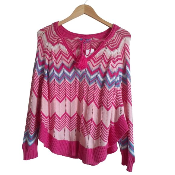 Burgess V-Neck Pom CottnSilk Blend Pink Blue Chevron Knit Poncho Sweater NWT $70 - Picture 2 of 16